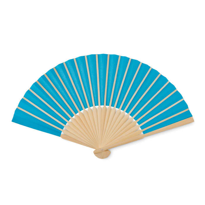 A blue folding fan with wooden spokes, spread open to display its vibrant colour.
