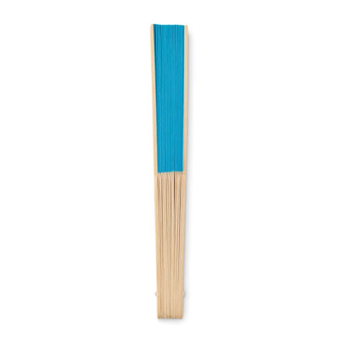 A wooden fan with a blue and natural wooden finish, featuring a simple design and branding on the handle.