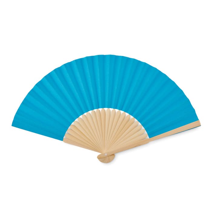 A blue folding fan with a wooden handle, crafted from pleated fabric, showcasing a vibrant design.