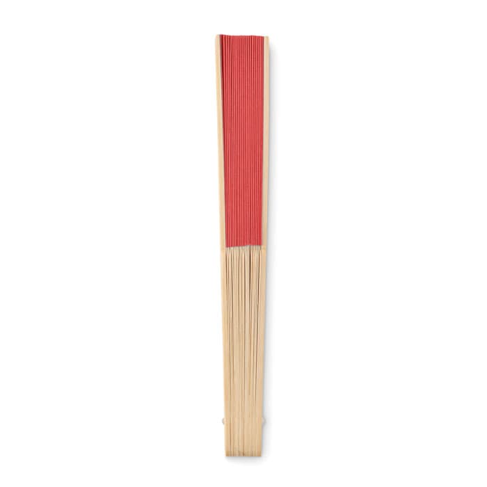 A flat, wooden fanning tool with red fabric and a natural wood finish, featuring a simple design and logo.