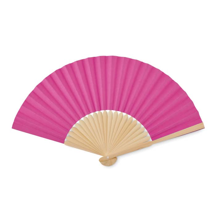 A pink folding fan with a wooden handle, elegantly opened to display its pleated design.