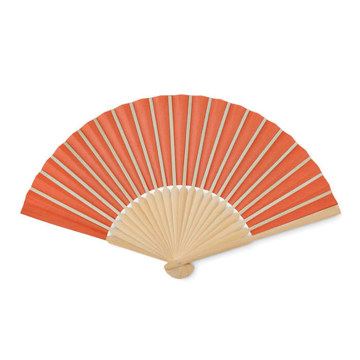 An orange folding fan with wooden spokes, fully opened and displayed against a plain background.