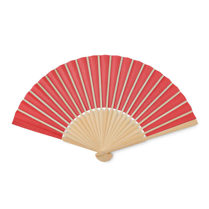 A red and white folding hand fan made of wooden slats, featuring a simple design and a central pivot.