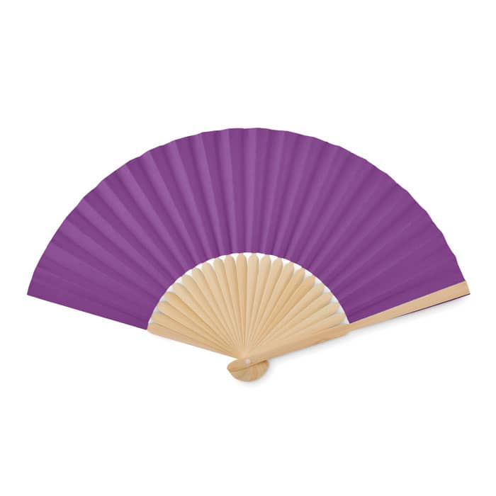 A purple folding fan with a wooden handle and pleated design. It has a simple, elegant appearance.