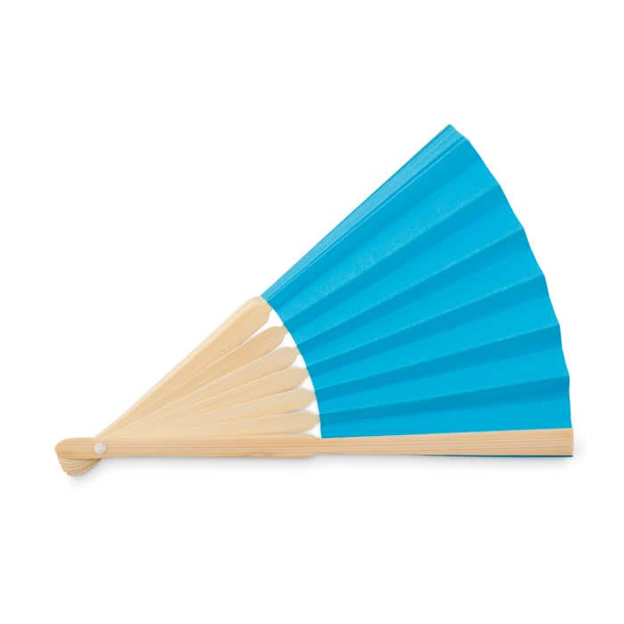A blue folding hand fan with wooden handles, featuring a smooth design and a rounded tip.