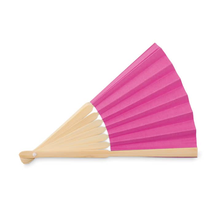 A pink folding fan with wooden supports, featuring a pleated design and a rounded handle.