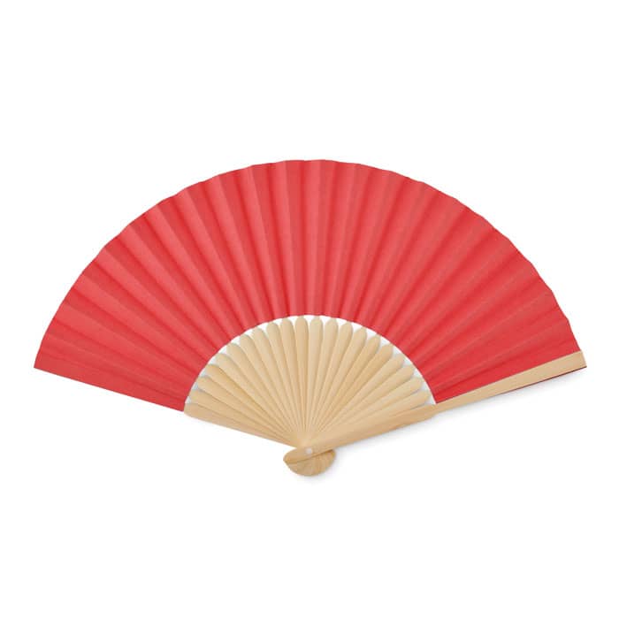 A red folding fan with a wooden handle, featuring pleated fabric and a smooth finish.