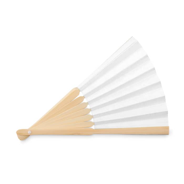 A folding hand fan with wooden handles and white fabric panels, showcasing a simple and elegant design.