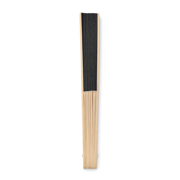 A long, narrow wooden fan with a black fabric section at the top and thin bamboo slats. It features a simple design.