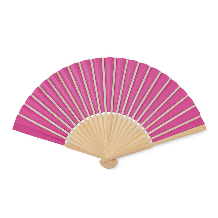 A pink and cream folding fan with wooden ribs, elegantly spread open.