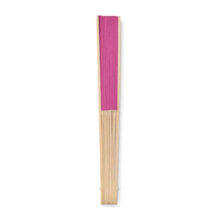 A pink and natural bamboo fan with thin slats, featuring a solid pink section at the top.