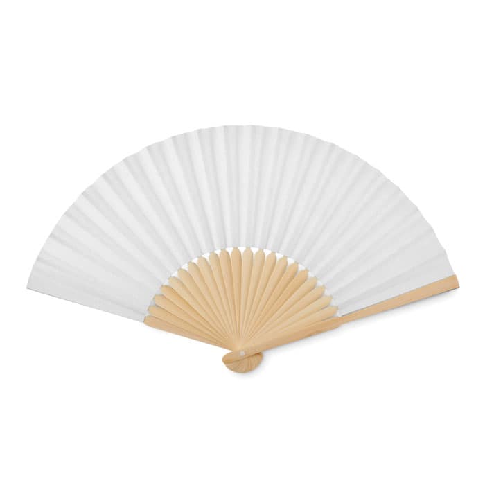 A white folding fan with a wooden handle, elegantly opened to display its pleated design.