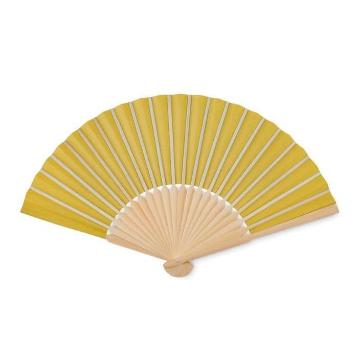 A yellow folding fan with wooden handles, showcasing a symmetrical design and a smooth, open shape.