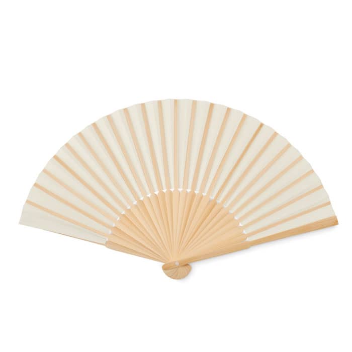 A wooden hand fan with cream fabric and a bamboo frame, featuring a curved shape and visible spokes.