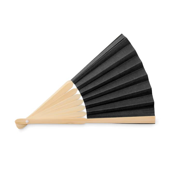 A black folding fan with wooden ribs, elegantly fanned out to display its features.