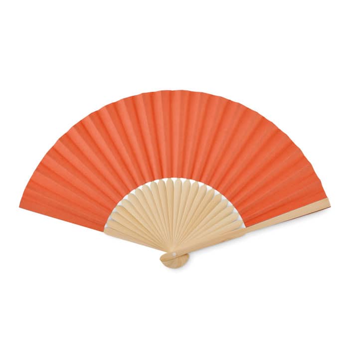 An ornate folding fan with a vibrant orange fabric and a wooden handle. It has a structured ribbed design.