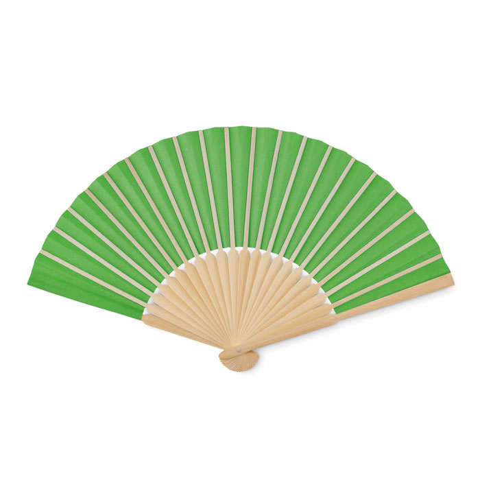 A green hand fan with wooden spokes and a rounded base, featuring a logo on one side.