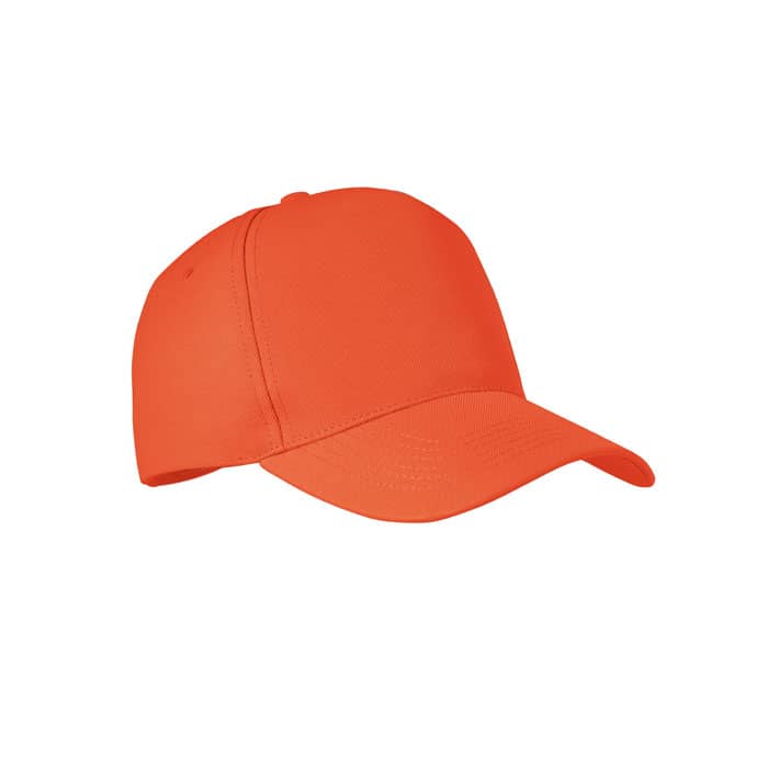 An orange cap with a curved brim and a rear adjustable strap. It features a plain design without logos.