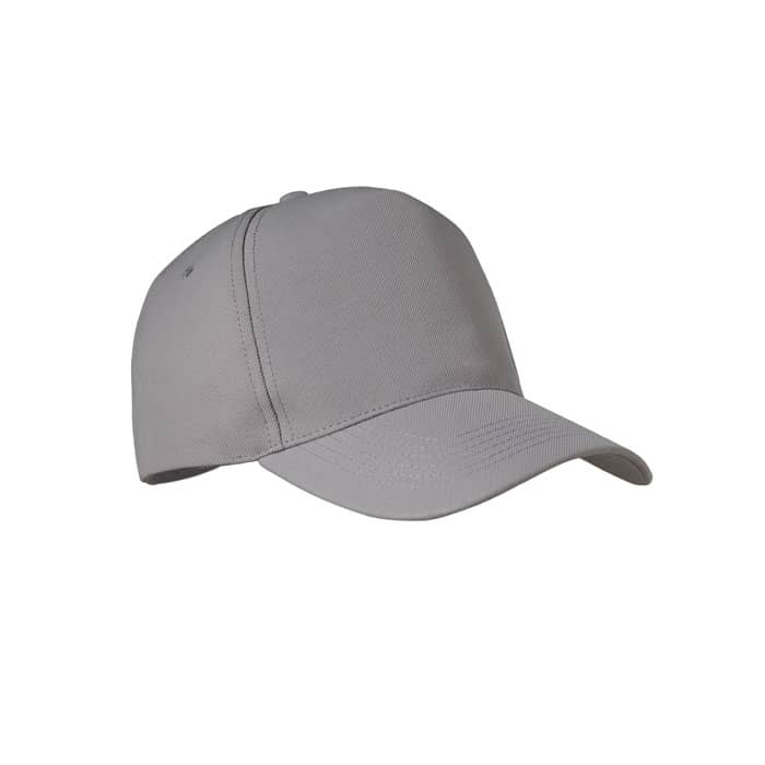 A grey cap with a curved brim and a structured design. It features a logo on the front.