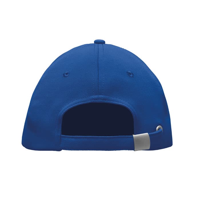 A blue cap featuring a flat brim and an adjustable strap at the back. It has a circular logo placement.