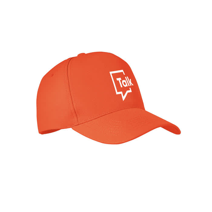 An orange cap with a white logo featuring the word "Talk." The cap has a curved peak and a structured design.