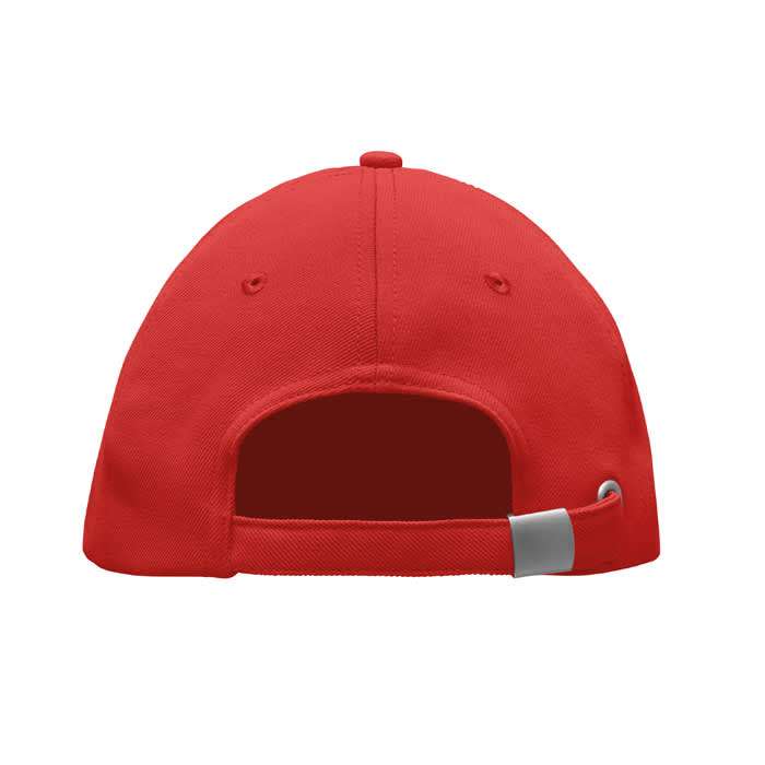 A red cap featuring a curved brim and an adjustable strap at the back. It has a logo on the side.