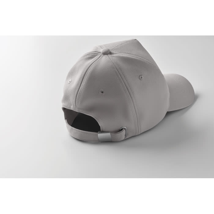 A grey cap with a curved brim and adjustable strap, featuring a logo on the back.