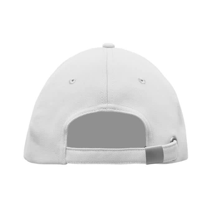A white cap featuring a curved brim and adjustable strap, with a subtle branding logo on the back.