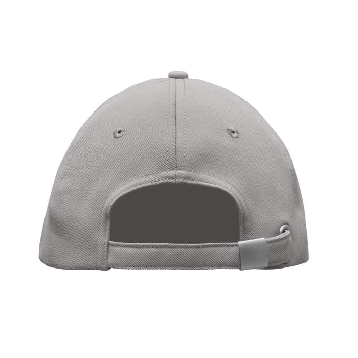 A grey baseball cap featuring a rear adjustable strap and ventilation holes. The design is simple and unadorned.