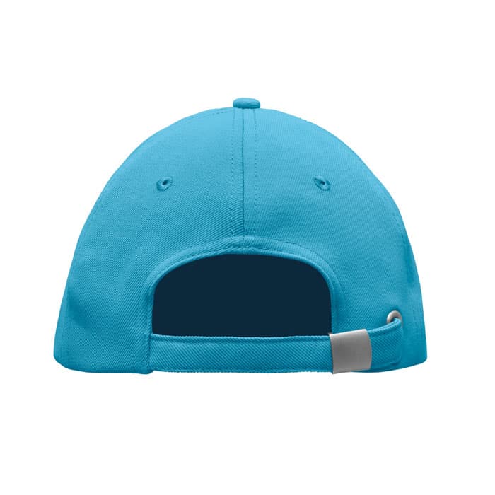 A blue cap featuring a curved brim and an adjustable strap at the back. It has a logo on the side.