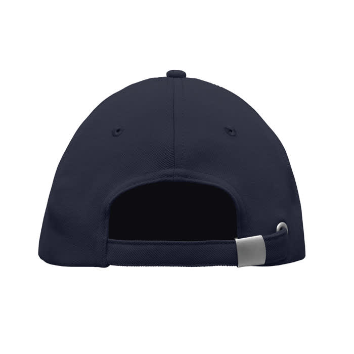 A navy cap featuring a flat brim and an adjustable strap at the back. It has a simple design without logos visible.