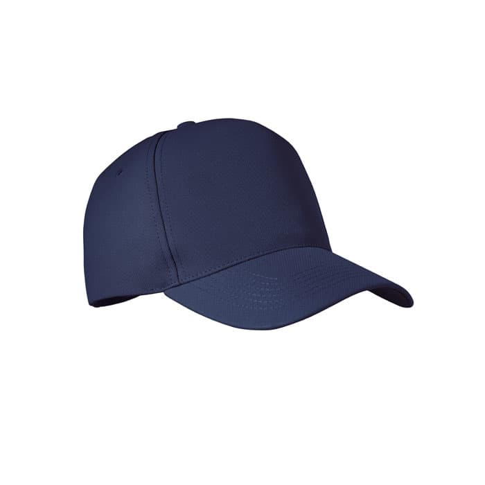 A navy blue cap with a structured design and a curved brim, featuring a logo on the front.