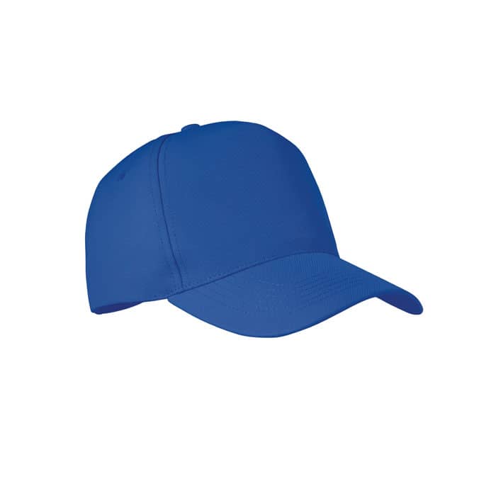 A blue cap with a curved peak and a flat crown. It features a logo on the front.
