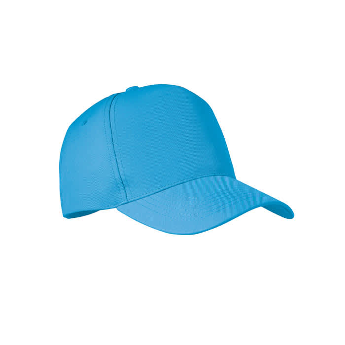 A blue cap with a curved brim and adjustable strap, featuring a solid colour design.