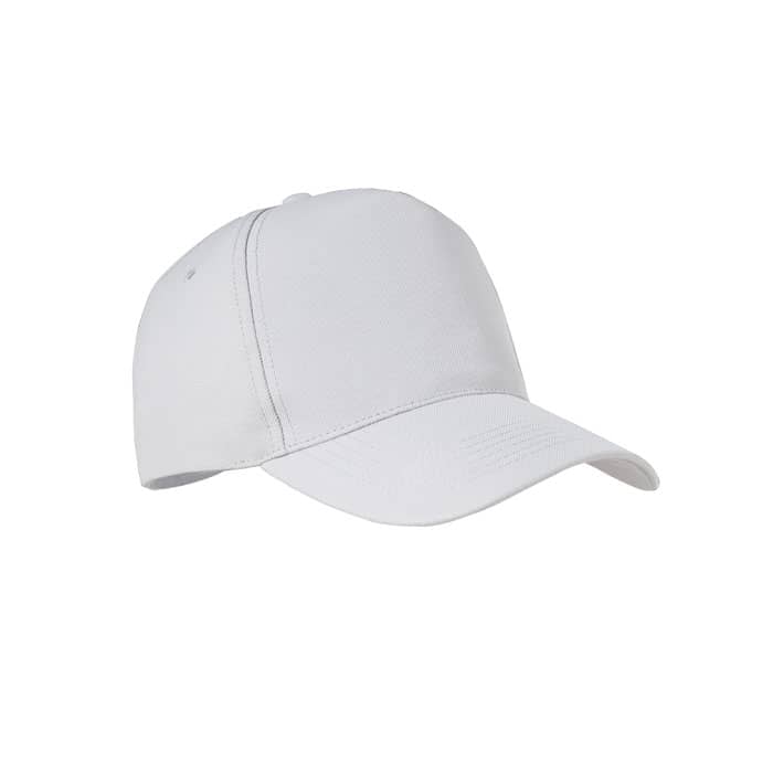 A white cap with a curved brim and adjustable strap at the back, featuring a logo on the front.
