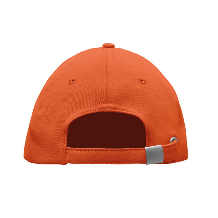 An orange cap featuring a closed back, with a sports-style adjustable strap and a small logo.