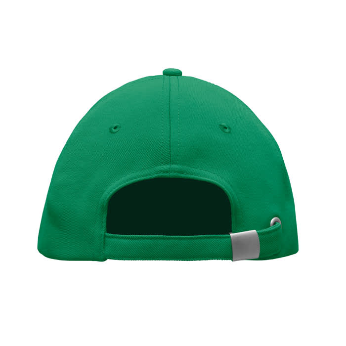 A green baseball cap featuring a curved brim and an adjustable strap at the back. It has a branding logo.