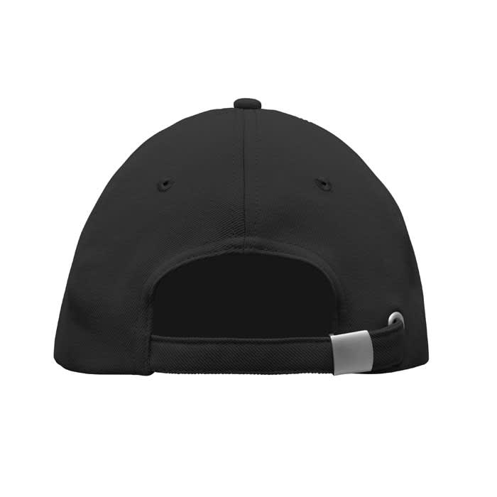 A black cap featuring a back closure and stitched detailing. The interior is visible, showcasing a smooth finish.
