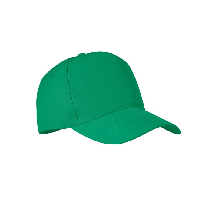 A green cap with a curved brim and a structured design, featuring an unbranded logo.