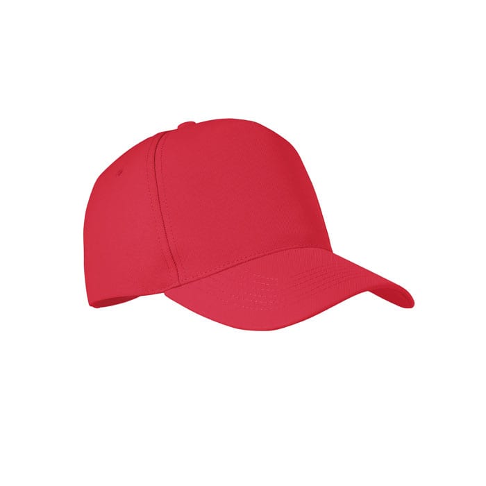 A red baseball cap with a curved brim and a seamless design, featuring a logo on the front.
