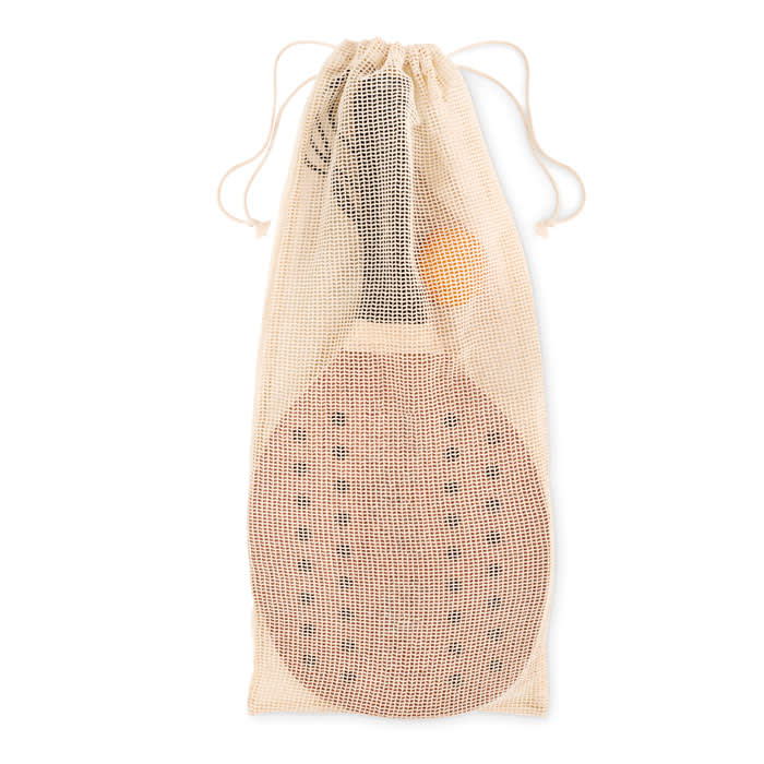 A paddle tennis set in a mesh storage bag, featuring a paddle and a ball, with natural colour tones.