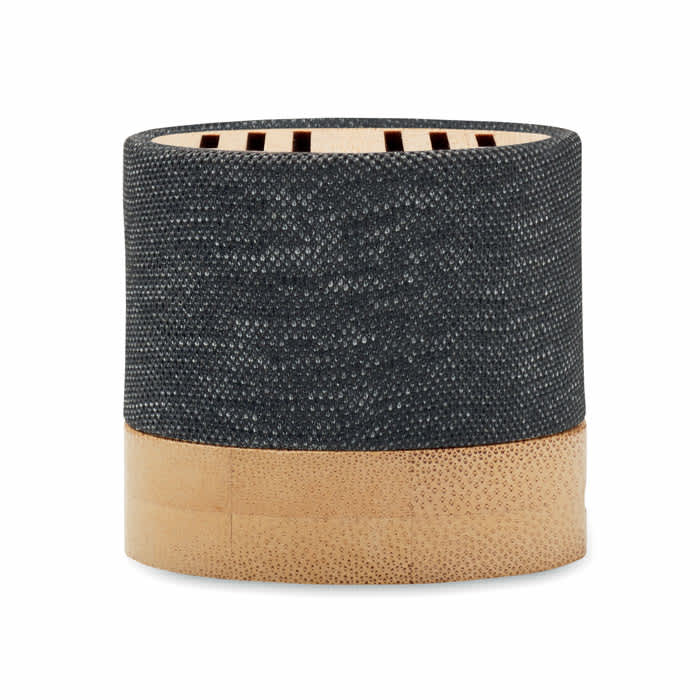 A drink bottle with a textured dark grey and natural wooden base, featuring a logo on its surface.