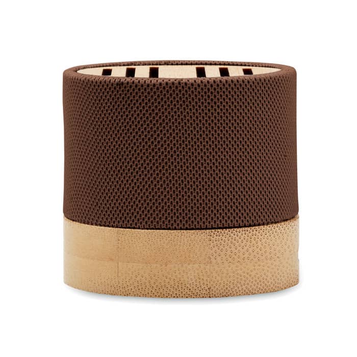 A brown and beige drink bottle with a textured exterior, featuring a logo and a unique shape.