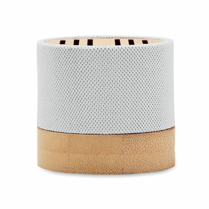 A white and beige drink bottle with a textured finish and a base featuring a natural wood-like material.