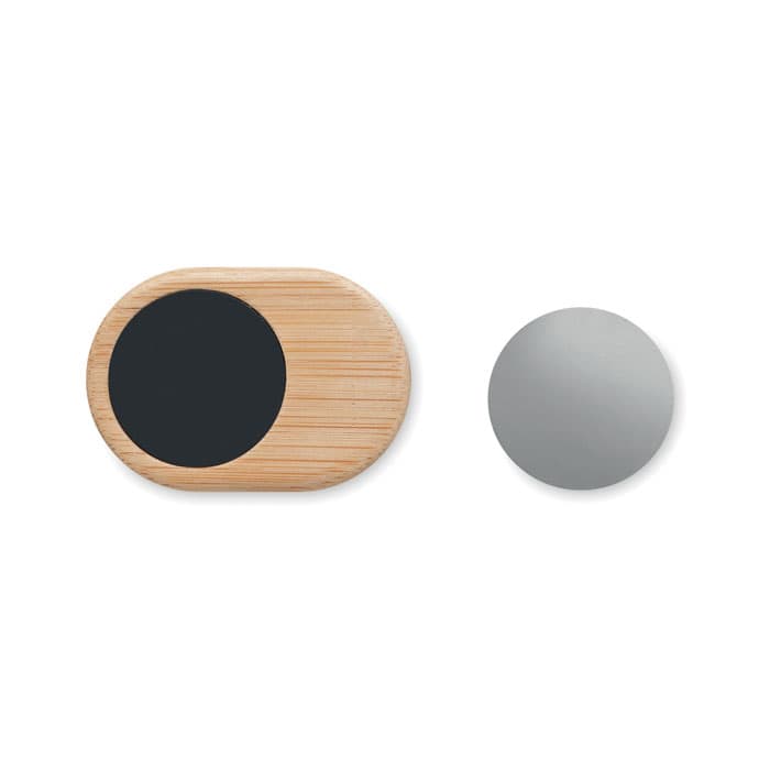 A bamboo and black circular magnetic mirror with a separate round reflective surface. Includes a logo.