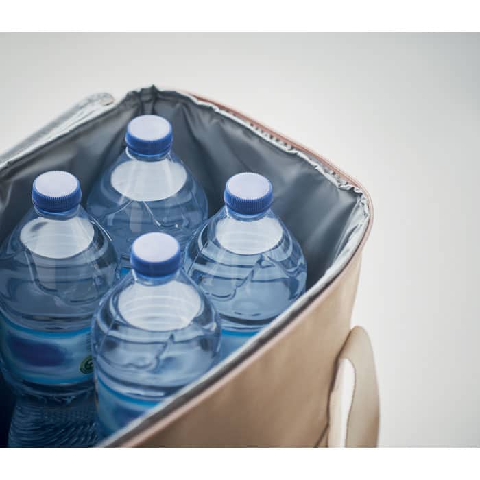 A drink bottle cooler containing four clear plastic water bottles with blue caps, inside a beige bag.