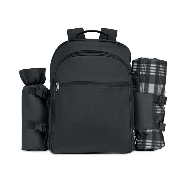 A black backpack with a large main compartment, side pockets, and attached fleece blankets. It features a logo.