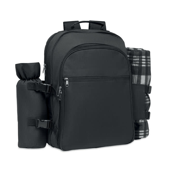 A black backpack featuring multiple compartments, a side pocket for a drink bottle, and a rolled-up blanket.