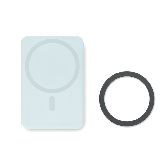 A drink bottle with a pale blue body and a dark ring, featuring a logo. The design is sleek and minimalistic.