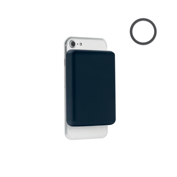A drink bottle with a sleek navy blue design, featuring a logo and a grey circular attachment.